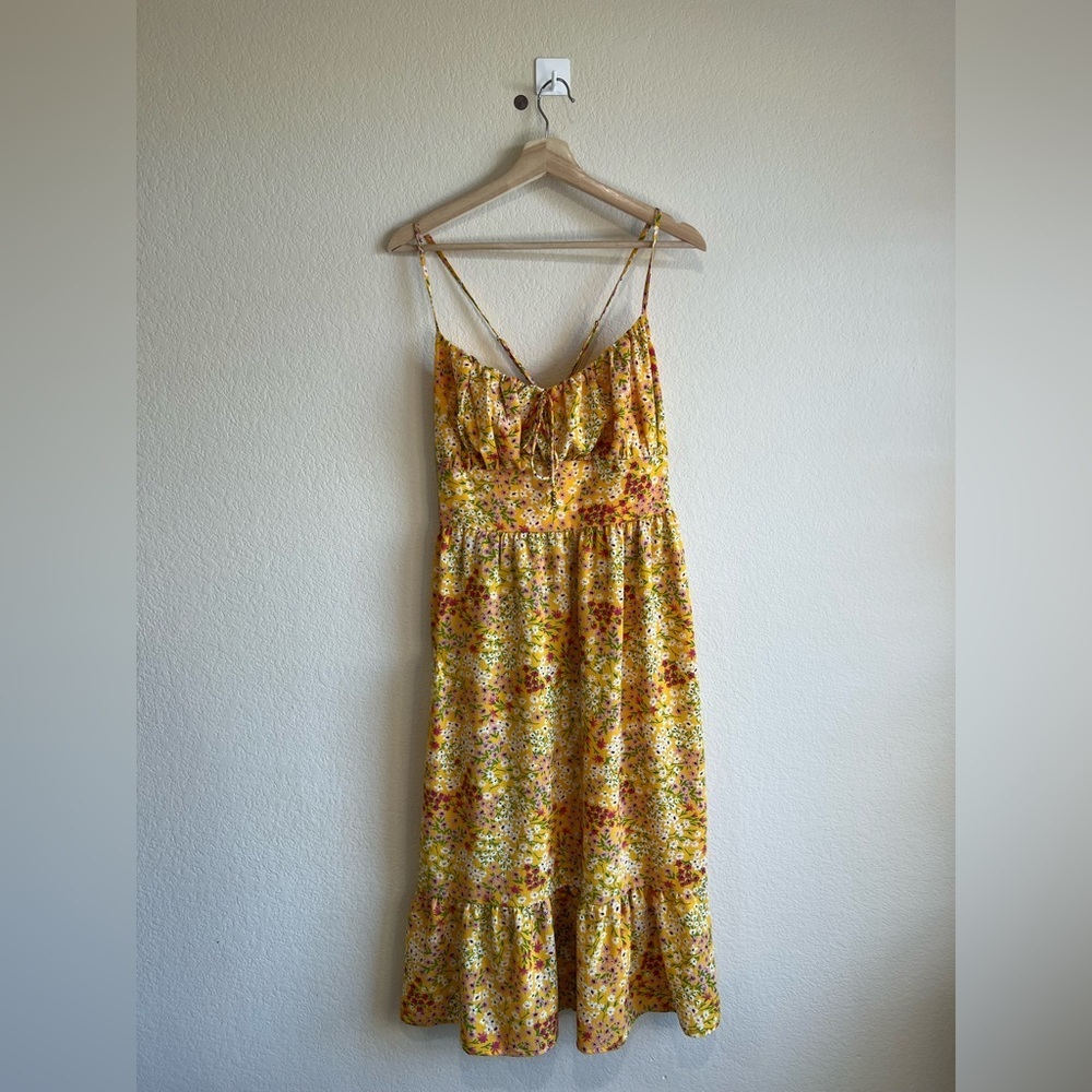 BCBG Paris Women's Pebble Crepe Midi Summer Dress yellow pink floral valentine L